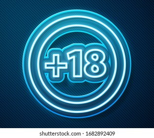 Glowing neon line Plus 18 movie icon isolated on blue background. Adult content. Under 18 years sign.  Vector Illustration