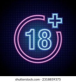 Icono de película de la línea de neón brillante Plus 18 aislado en el fondo negro. Contenido para adultos. Concepto de esquema colorido. Ilustración vectorial.