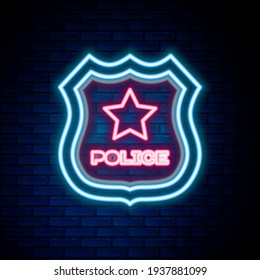 Glowing neon line Police badge icon isolated on brick wall background. Sheriff badge sign. Colorful outline concept. Vector