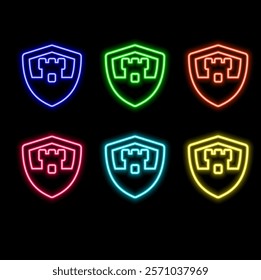 Glowing neon line Police badge icon isolated on black background. Sheriff badge sign. Shield with star symbol. Colorful outline concept..