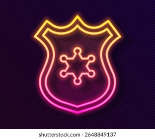 Glowing neon line Police badge icon isolated on black background. Sheriff badge sign.  Vector