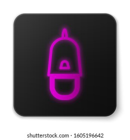 Glowing neon line Police cap with cockade icon isolated on white background. Police hat sign. Black square button. Vector Illustration