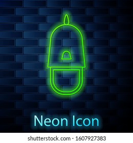 Glowing neon line Police cap with cockade icon isolated on brick wall background. Police hat sign.  Vector Illustration