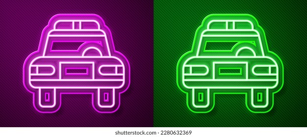 Glowing neon line Police car and police flasher icon isolated on purple and green background. Emergency flashing siren.  Vector