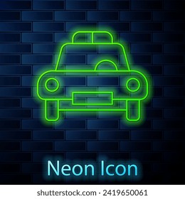 Glowing neon line Police car and police flasher icon isolated on brick wall background. Emergency flashing siren.  Vector