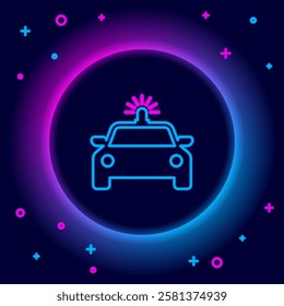 Glowing neon line Police car and police flasher icon isolated on black background. Emergency flashing siren. Colorful outline concept. Vector