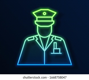 Glowing neon line Police officer icon isolated on blue background.  Vector Illustration