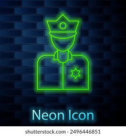 Glowing neon line Police officer icon isolated on brick wall background.  Vector