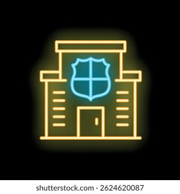 Glowing neon line police station facade with shield icon isolated on black background