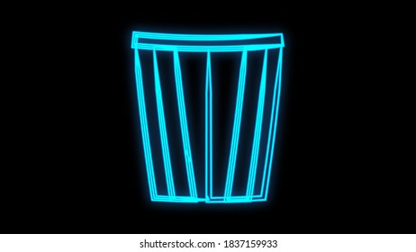Glowing neon line Popcorn in cardboard box icon isolated on brick wall background. Popcorn bucket box. Vector.