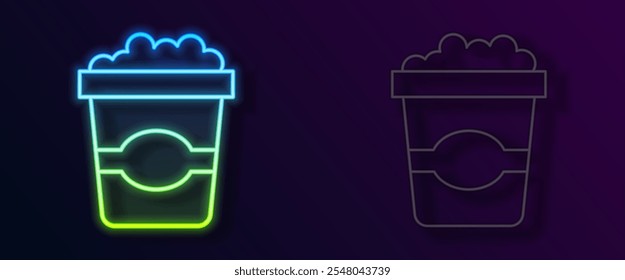 Glowing neon line Popcorn in cardboard box icon isolated on black background. Popcorn bucket box.  Vector