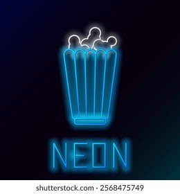 Glowing neon line Popcorn in cardboard box icon isolated on black background. Popcorn bucket box. Colorful outline concept. Vector