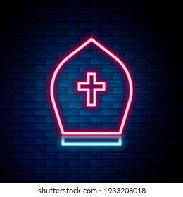 Glowing neon line Pope hat icon isolated on brick wall background. Christian hat sign. Colorful outline concept. Vector