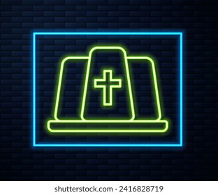 Glowing neon line Pope hat icon isolated on brick wall background. Christian hat sign.  Vector