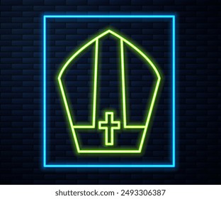 Glowing neon line Pope hat icon isolated on brick wall background. Christian hat sign.  Vector