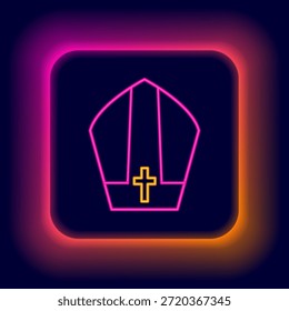 Brilhante neon linha ícone chapéu Papa isolado no fundo preto. Sinal de chapéu cristão. Conceito de contorno colorido. Vetor