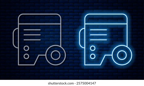 Glowing neon line Portable power electric generator icon isolated on brick wall background. Industrial and home immovable power generator.  Vector