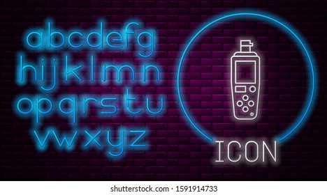 Glowing neon line Portable sensor icon isolated on brick wall background. Neon light alphabet. Vector Illustration
