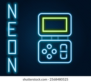 Glowing neon line Portable tetris electronic game icon isolated on black background. Vintage style pocket brick game. Interactive playing device. Colorful outline concept. Vector