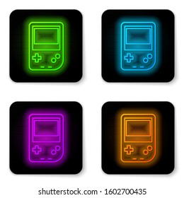 Glowing neon line Portable video game console icon isolated on white background. Gamepad sign. Gaming concept. Black square button. Vector Illustration