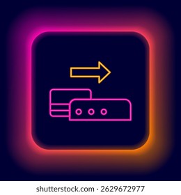 Glowing neon line Pos terminal with inserted credit card icon isolated on black background. Payment terminal transaction. Pay by card. Colorful outline concept. Vector