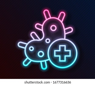 Glowing neon line Positive virus icon isolated on black background. Corona virus 2019-nCoV. Bacteria and germs, cell cancer, microbe, fungi.  Vector Illustration