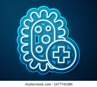 Glowing neon line Positive virus icon isolated on blue background. Corona virus 2019-nCoV. Bacteria and germs, cell cancer, microbe, fungi.  Vector Illustration