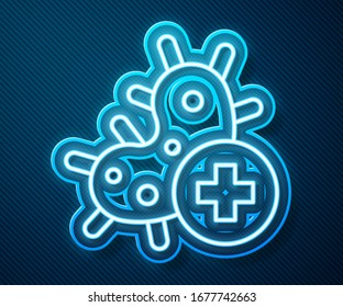 Glowing neon line Positive virus icon isolated on blue background. Corona virus 2019-nCoV. Bacteria and germs, cell cancer, microbe, fungi.  Vector Illustration