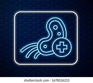 Glowing neon line Positive virus icon isolated on brick wall background. Corona virus 2019-nCoV. Bacteria and germs, cell cancer, microbe, fungi.  Vector Illustration