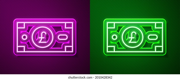 Glowing neon line Pound sterling money icon isolated on purple and green background. Pound GBP currency symbol.  Vector