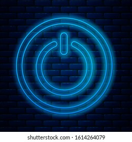 Glowing neon line Power button icon isolated on brick wall background. Start sign.  Vector Illustration