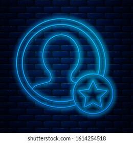 Glowing neon line Premium create account screen icon isolated on brick wall background.  Vector Illustration