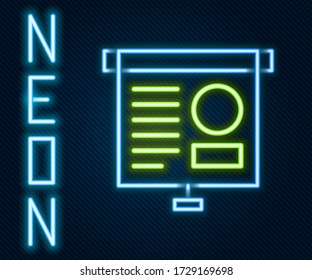Línea de neón brillante Tarjeta de presentación con gráfico, programa, gráfico, diagrama, infografía, icono de gráfico circular aislado en fondo negro. Concepto de esquema colorido. Ilustración vectorial
