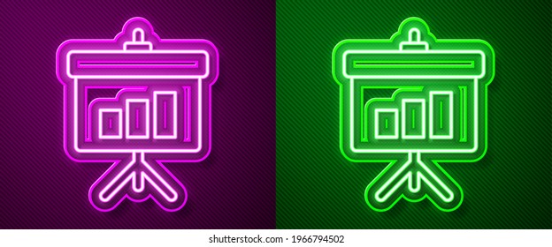Glowing neon line Presentation board with graph, schedule, chart, diagram, infographic, pie graph icon isolated on purple and green background.  Vector Illustration