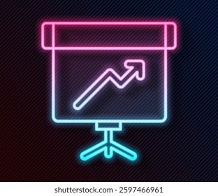 Glowing neon line Presentation board with graph, schedule, chart, diagram, infographic, pie graph icon isolated on black background.  Vector