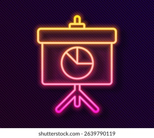 Glowing neon line Presentation board with graph, schedule, chart, diagram, infographic, pie graph icon isolated on black background.  Vector Illustration