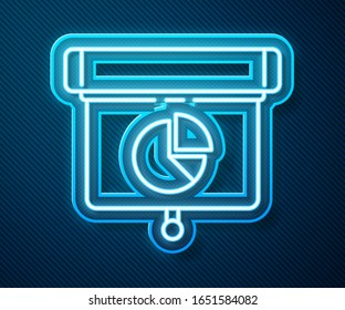 Glowing neon line Presentation financial business board with graph, schedule, chart, diagram, infographic, pie graph icon isolated on blue background.  Vector Illustration