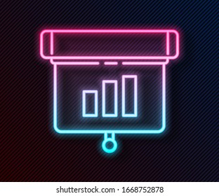 Glowing neon line Presentation financial business board with graph, schedule, chart, diagram, infographic, pie graph icon isolated on black background.  Vector Illustration