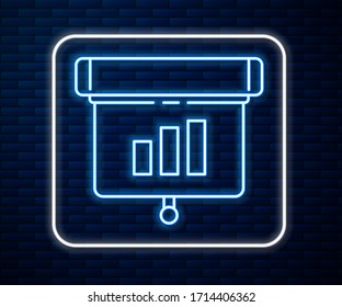 Glowing neon line Presentation financial business board with graph, schedule, chart, diagram, infographic, pie graph icon isolated on brick wall background.  Vector Illustration