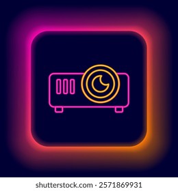 Glowing neon line Presentation, movie, film, media projector icon isolated on black background. Colorful outline concept. Vector