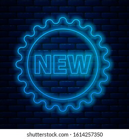 Glowing neon line Price tag with an inscription New icon isolated on brick wall background. Badge for price. Promo tag discount.  Vector Illustration
