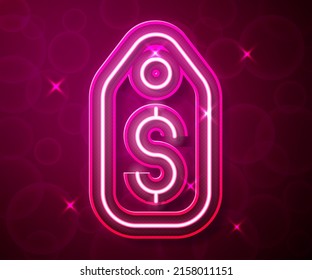 Glowing neon line Price tag with dollar icon isolated on red background. Badge for price. Sale with dollar symbol. Promo tag discount.  Vector