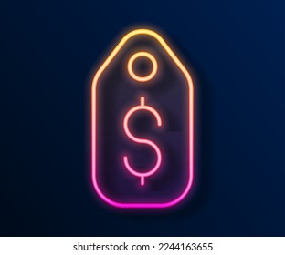 Glowing neon line Price tag with dollar icon isolated on black background. Badge for price. Sale with dollar symbol. Promo tag discount.  Vector