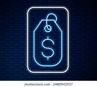 Glowing neon line Price tag with dollar icon isolated on brick wall background. Badge for price. Sale with dollar symbol. Promo tag discount.  Vector