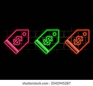 Glowing neon line Price tag with dollar icon isolated on brick wall background. Badge for price. Sale with dollar symbol. Promo tag discount. pink color..