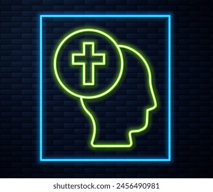 Glowing neon line Priest icon isolated on brick wall background.  Vector