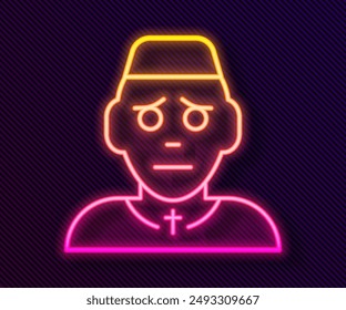 Glowing neon line Priest icon isolated on black background.  Vector