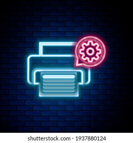 Glowing neon line Printer and gear icon isolated on brick wall background. Adjusting app, service concept, setting options, maintenance, repair, fixing. Colorful outline concept. Vector