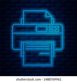 Glowing neon line Printer icon isolated on brick wall background.  Vector Illustration