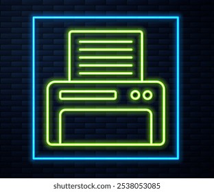 Glowing neon line Printer icon isolated on brick wall background.  Vector Illustration